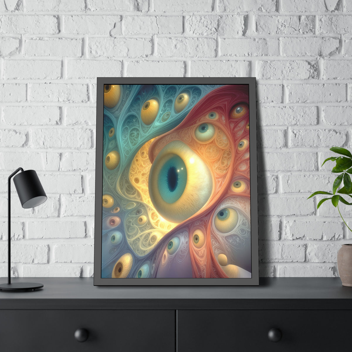 A Chorus of Seeing 24 × 32 inch fine art print in a black pinewood frame, featuring golden and teal psychedelic eyes