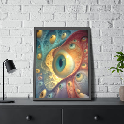 A Chorus of Seeing 24 × 32 inch fine art print in a black pinewood frame, featuring golden and teal psychedelic eyes