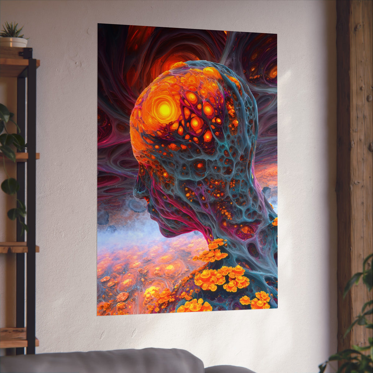 The Mind Becomes a Sun large matte poster, 32 × 48 in with a glowing golden head amid flowing blue and violet forms
