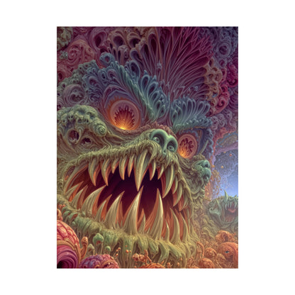 Where Fear Becomes a Passage — Matte Art Poster, 18 × 24 in — fanged creature with glowing eyes amid sage and mauve organic forms