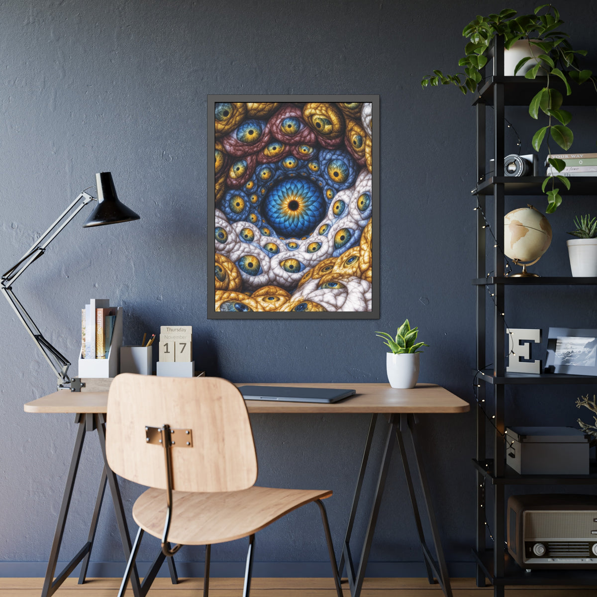 The Many Eyes of One Awareness — Framed Fine Art Print, 24 × 32 in — interwoven blue and gold eyes in ivory, ochre and mauve forms