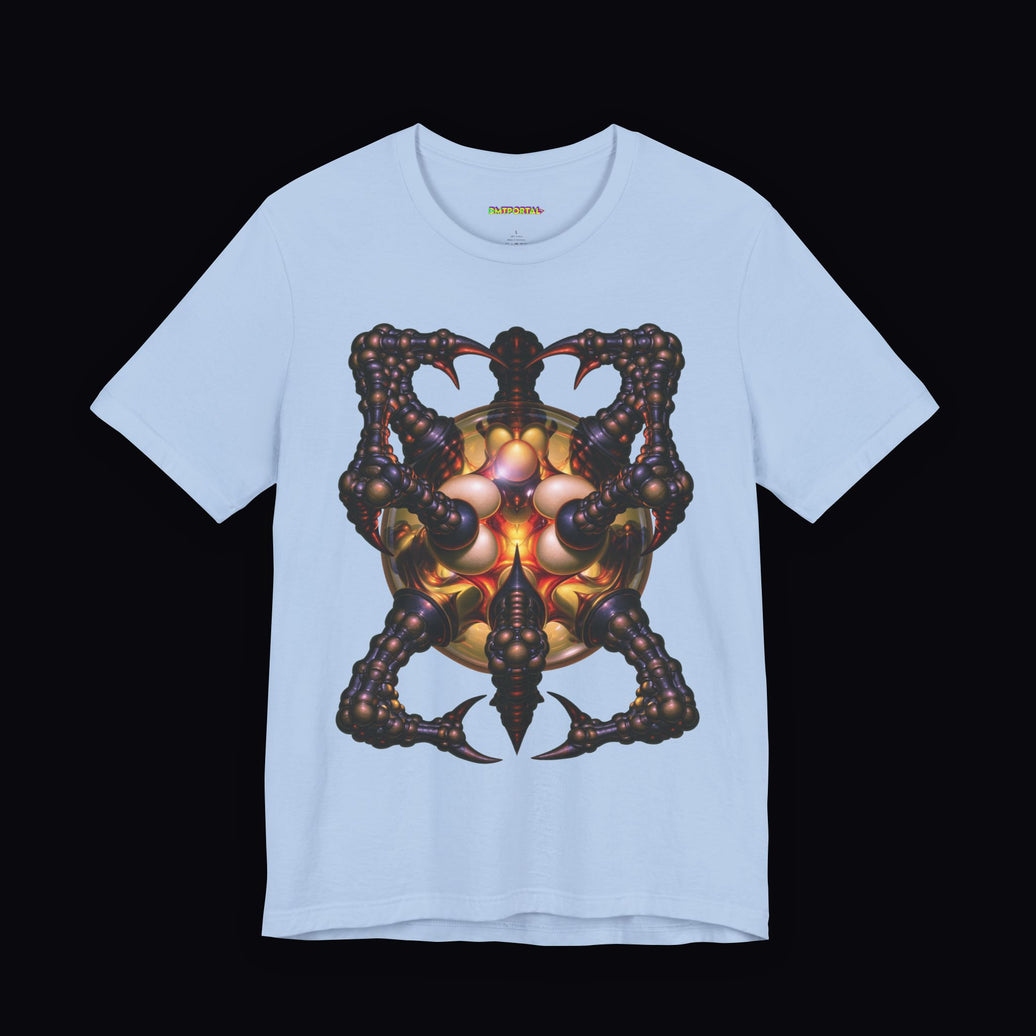 Dark clawlike biomechanical form surrounding an amber core on a Baby Blue DMTPORTAL T-shirt