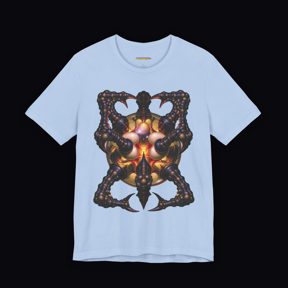 Dark clawlike biomechanical form surrounding an amber core on a Baby Blue DMTPORTAL T-shirt