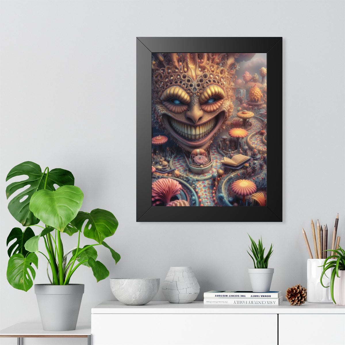 The Invitation Beneath the Grin — Black Framed Print, 12 × 16 in — ornate grinning face above winding mosaic paths and coral garden forms