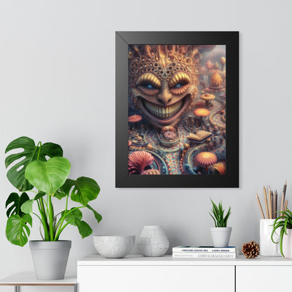 The Invitation Beneath the Grin — Black Framed Print, 12 × 16 in — ornate grinning face above winding mosaic paths and coral garden forms