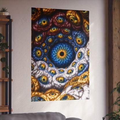 The Many Eyes of One Awareness — Large Matte Poster, 32 × 48 in — interwoven blue and gold eyes in ivory, ochre and mauve forms