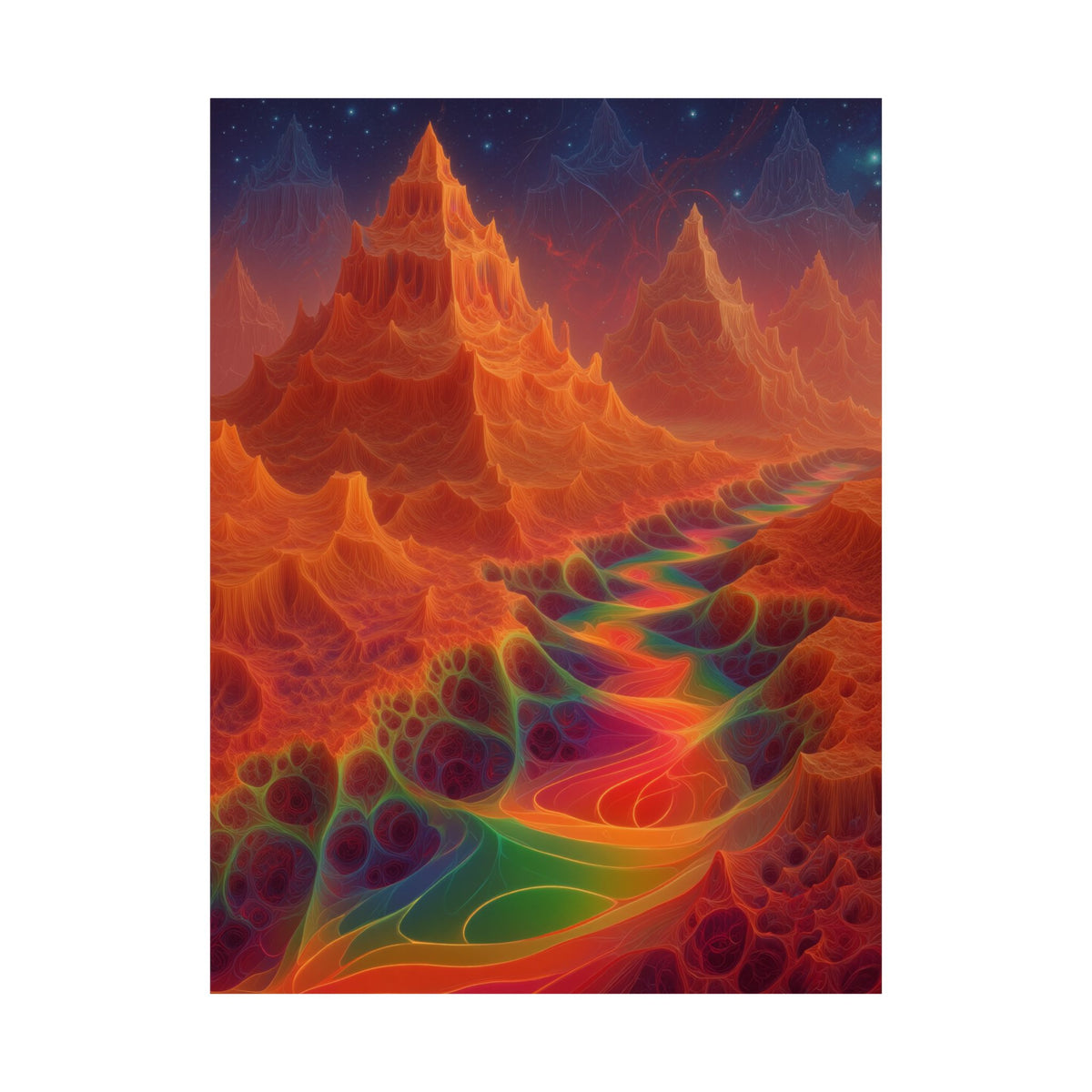 The Current Remembers matte art poster, 18 × 24 in with a luminous winding current and orange mountains beneath a starry sky