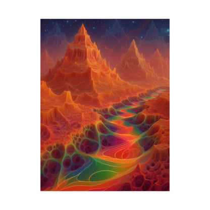 The Current Remembers matte art poster, 18 × 24 in with a luminous winding current and orange mountains beneath a starry sky