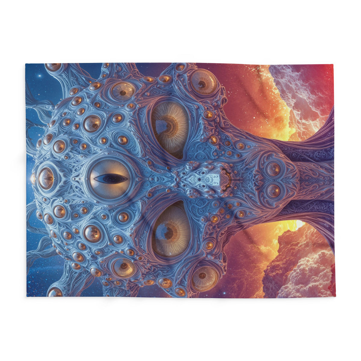 The Horizon Within the Gaze — Arctic Fleece Blanket, 60 × 80 in — intricate blue figure with amber eyes above luminous clouds