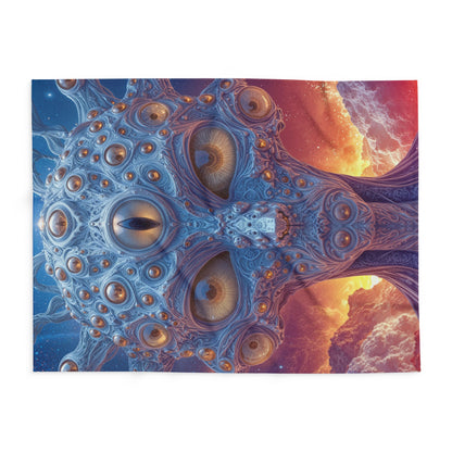 The Horizon Within the Gaze — Arctic Fleece Blanket, 60 × 80 in — intricate blue figure with amber eyes above luminous clouds