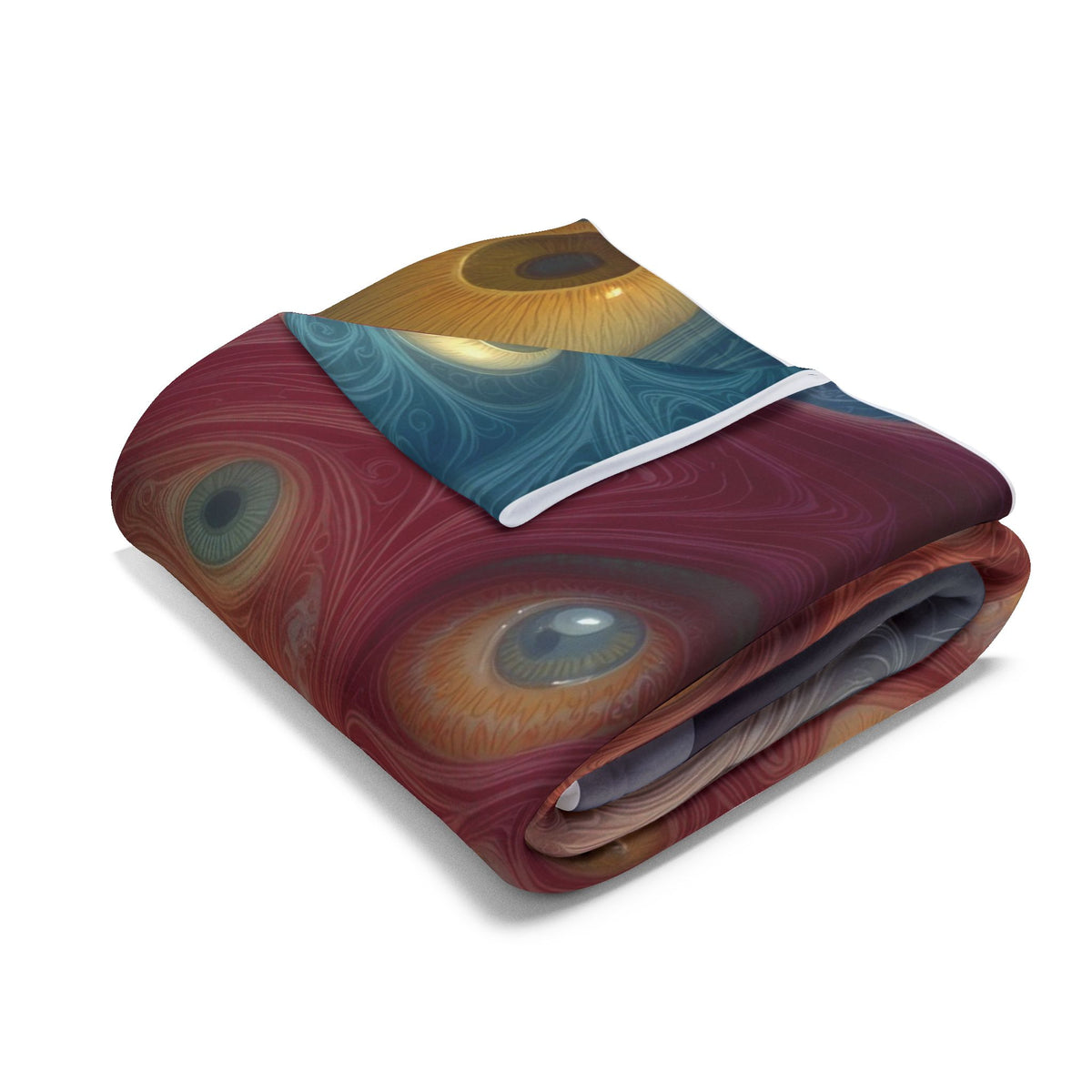 A Chorus of Seeing 60 × 80 inch Arctic fleece blanket with flowing blue and red forms and golden eyes