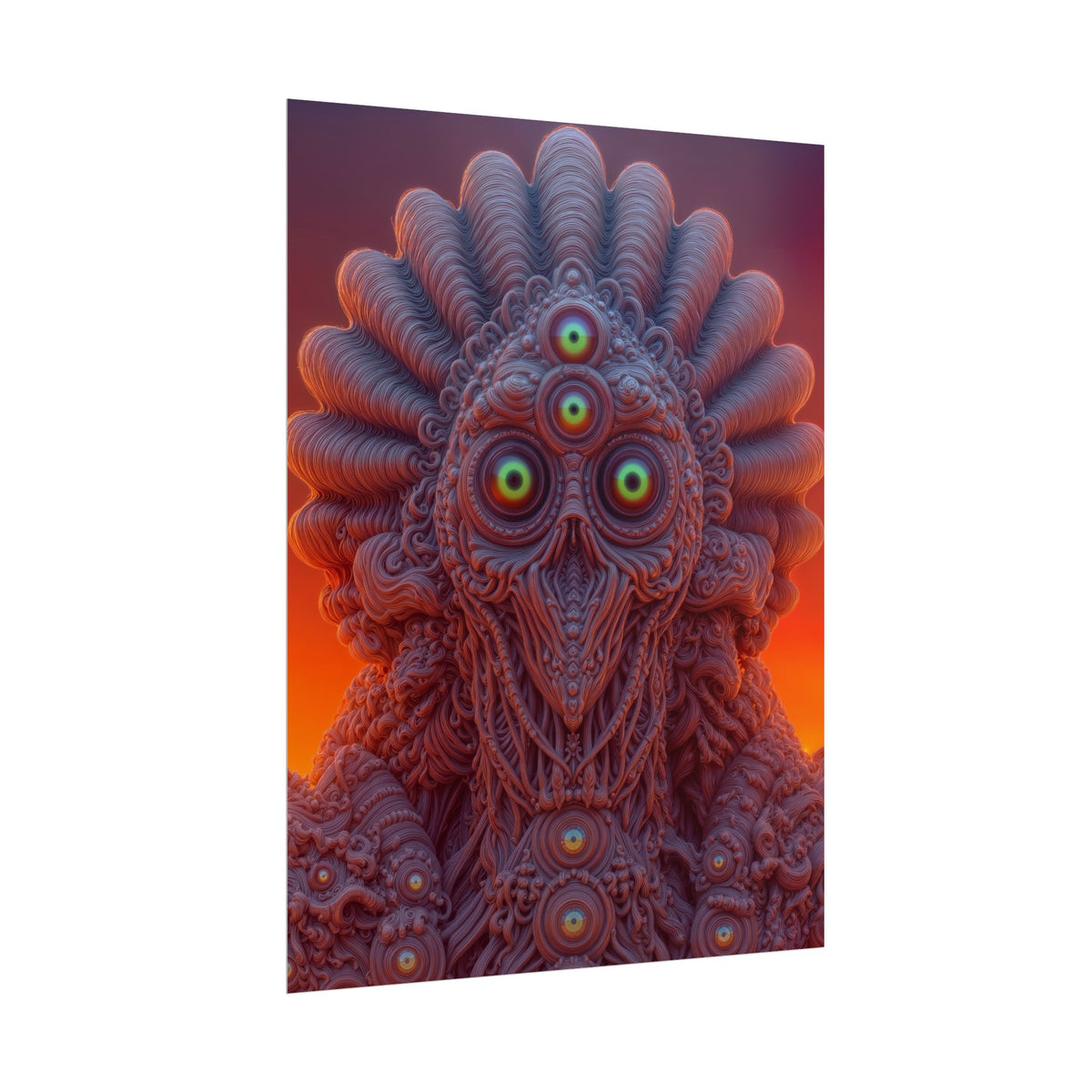 Where Every Gaze Becomes a Center — Rolled Art Print, 18 × 24 in — many-eyed figure with a rippling crown against an orange sky