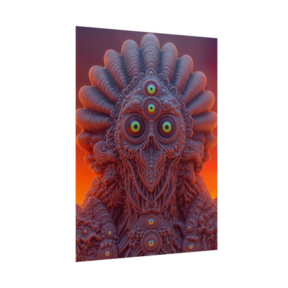 Where Every Gaze Becomes a Center — Rolled Art Print, 18 × 24 in — many-eyed figure with a rippling crown against an orange sky