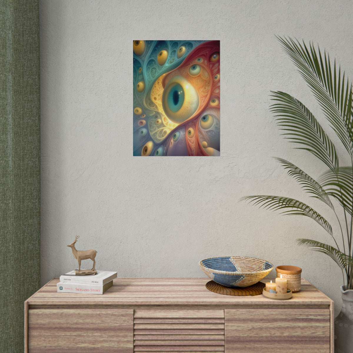 A Chorus of Seeing 18 × 24 inch rolled art print featuring golden eyes among flowing teal and crimson forms