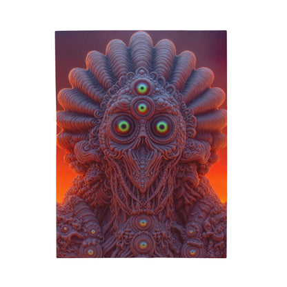 Where Every Gaze Becomes a Center — Velveteen Plush Blanket, 30 × 40 in — many-eyed figure with a rippling crown against an orange sky