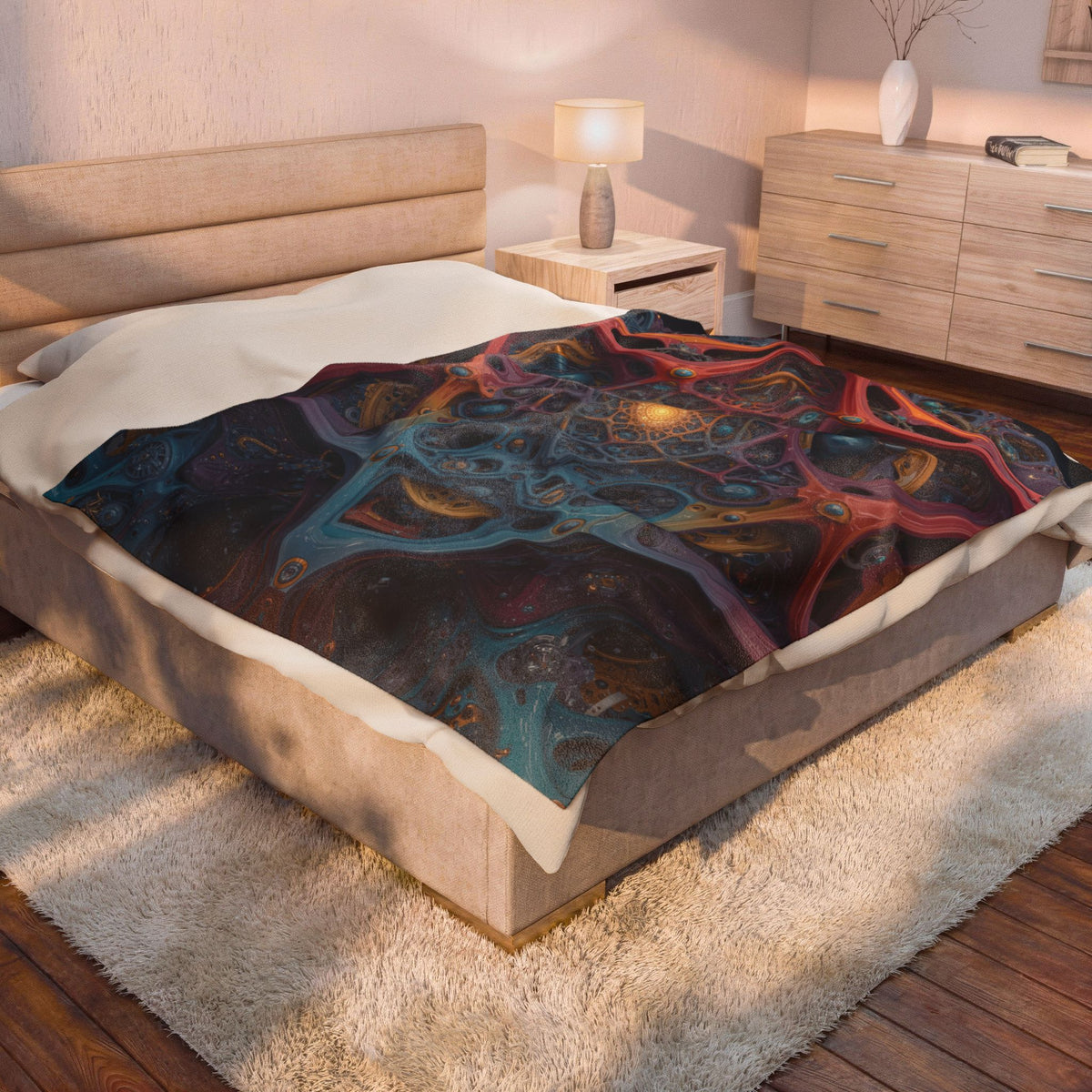 The Geometry of Surrender — Velveteen Plush Blanket, 60 × 80 in — interlocking coral and blue forms around a golden center