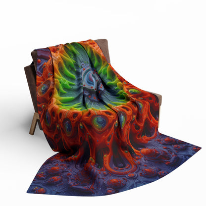 The Center Is a Choreography — Arctic Fleece Blanket, 60 × 80 in — orange and lime radial machinery with a violet core