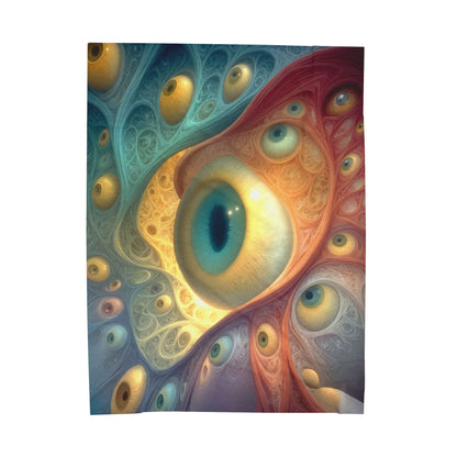 A Chorus of Seeing 60 × 80 inch velveteen plush blanket featuring DMTPORTAL’s teal and gold psychedelic eyes