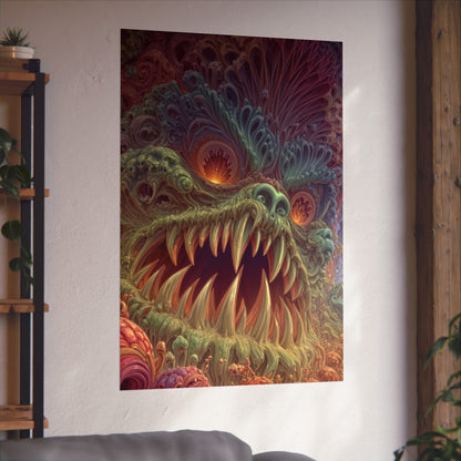Where Fear Becomes a Passage — Large Matte Poster, 32 × 48 in — fanged creature with glowing eyes amid sage and mauve organic forms