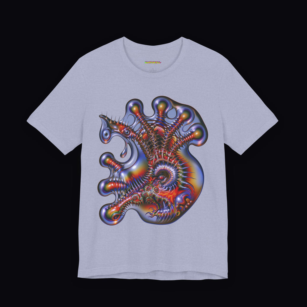 Iridescent spiral creature with fine spines and rounded limbs on a Heather Blue DMTPORTAL T-shirt