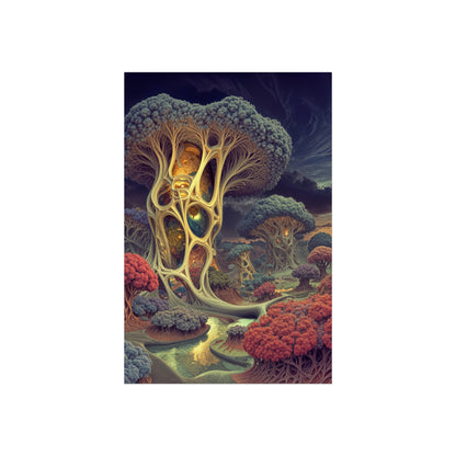 The Quiet Architecture of Becoming — Large Matte Poster, 32 × 48 in — luminous lattice trees and coral groves beside a winding river