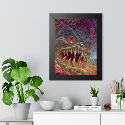 Where Fear Becomes a Passage — Black Framed Print, 12 × 16 in — fanged creature with glowing eyes amid sage and mauve organic forms