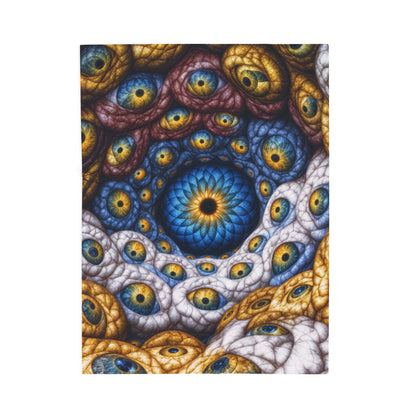 The Many Eyes of One Awareness — Velveteen Plush Blanket, 30 × 40 in — interwoven blue and gold eyes in ivory, ochre and mauve forms