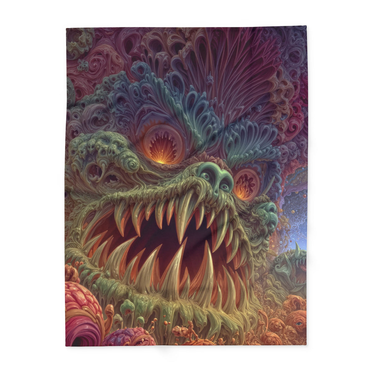 Where Fear Becomes a Passage — Arctic Fleece Blanket, 60 × 80 in — fanged creature with glowing eyes amid sage and mauve organic forms
