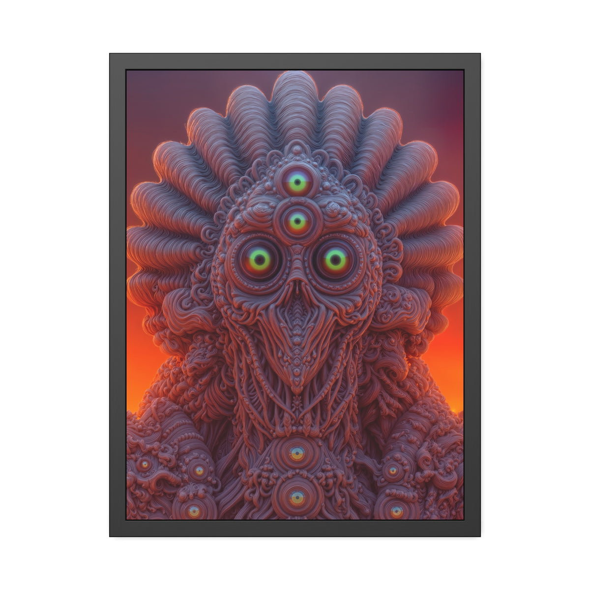 Where Every Gaze Becomes a Center — Framed Fine Art Print, 24 × 32 in — many-eyed figure with a rippling crown against an orange sky