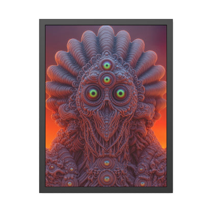 Where Every Gaze Becomes a Center — Framed Fine Art Print, 24 × 32 in — many-eyed figure with a rippling crown against an orange sky