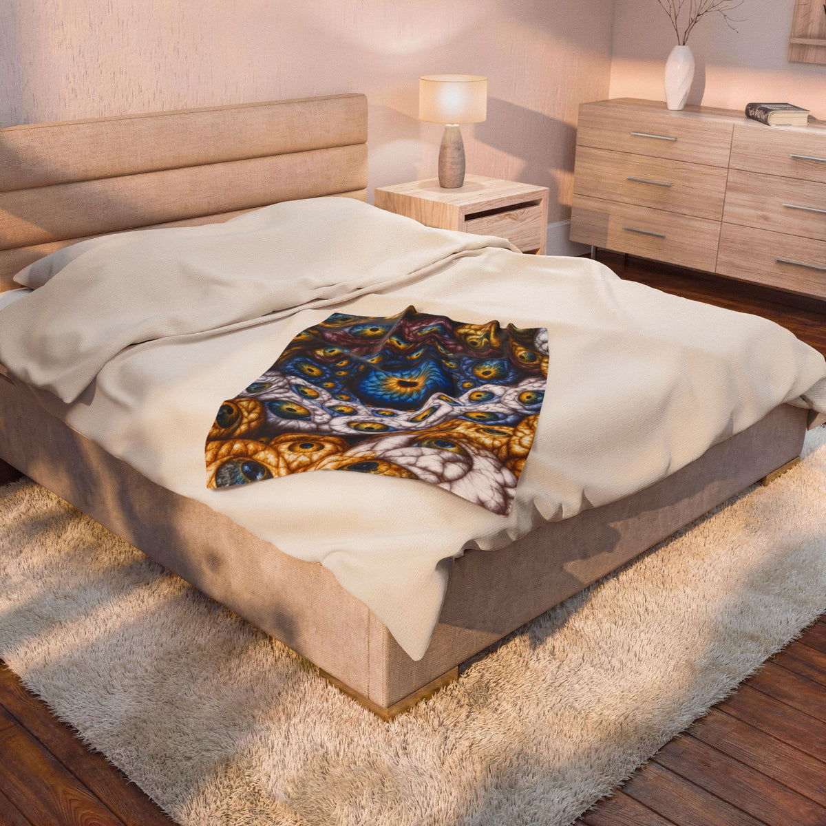 The Many Eyes of One Awareness — Velveteen Plush Blanket, 30 × 40 in — interwoven blue and gold eyes in ivory, ochre and mauve forms