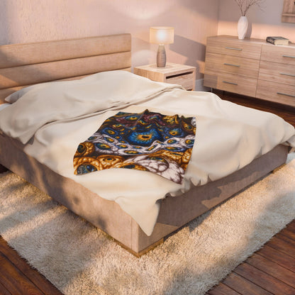 The Many Eyes of One Awareness — Velveteen Plush Blanket, 30 × 40 in — interwoven blue and gold eyes in ivory, ochre and mauve forms