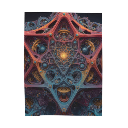 The Geometry of Surrender — Velveteen Plush Blanket, 60 × 80 in — interlocking coral and blue forms around a golden center