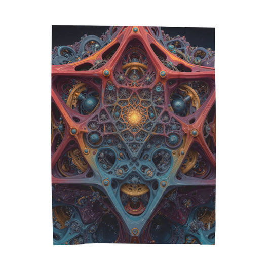 The Geometry of Surrender — Velveteen Plush Blanket, 60 × 80 in — interlocking coral and blue forms around a golden center