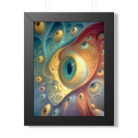 A Chorus of Seeing 12 × 16 inch art print in a black frame, with teal and golden psychedelic eye artwork