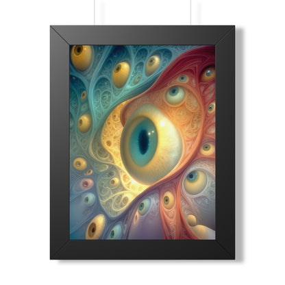 A Chorus of Seeing 12 × 16 inch art print in a black frame, with teal and golden psychedelic eye artwork