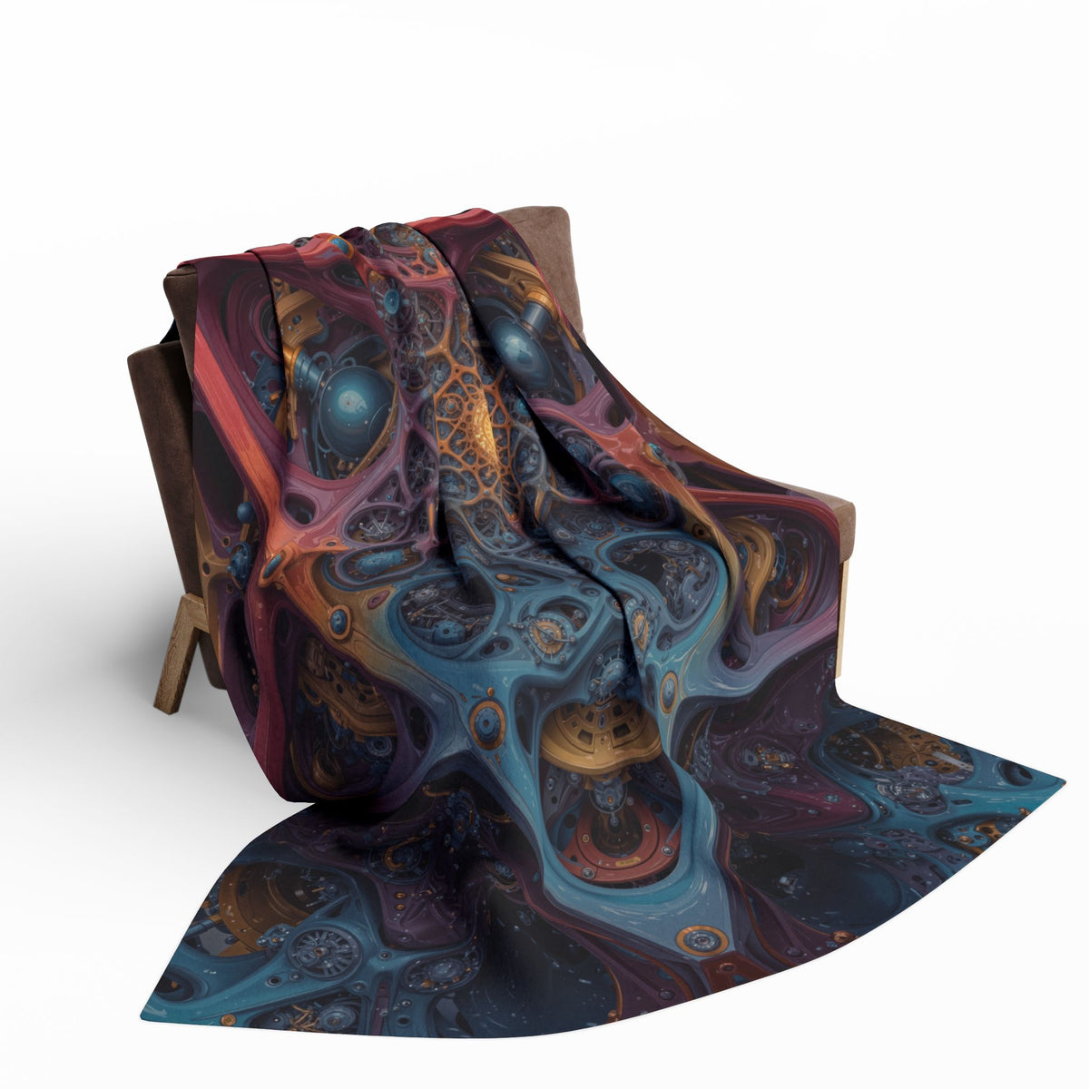 The Geometry of Surrender — Arctic Fleece Blanket, 60 × 80 in — interlocking coral and blue forms around a golden center