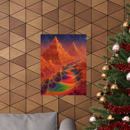 The Current Remembers matte art poster, 18 × 24 in with a luminous winding current and orange mountains beneath a starry sky