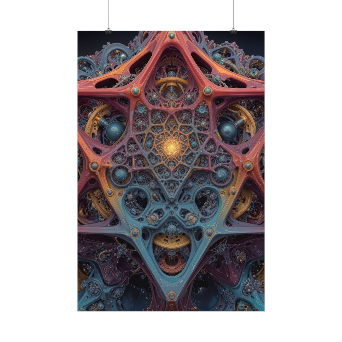 The Geometry of Surrender — Satin Art Poster, 24 × 36 in — interlocking coral and blue forms around a golden center