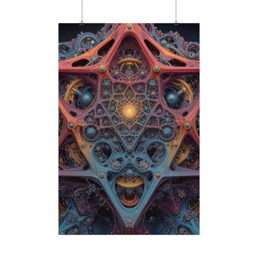 The Geometry of Surrender — Satin Art Poster, 24 × 36 in — interlocking coral and blue forms around a golden center