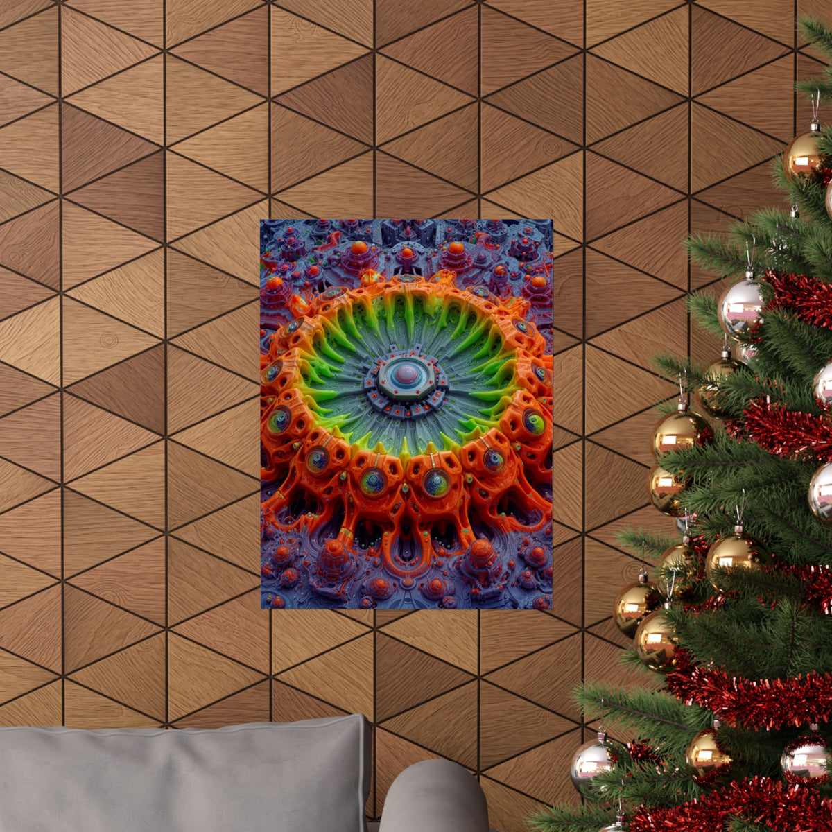 The Center Is a Choreography — Matte Art Poster, 18 × 24 in — orange and lime radial machinery with a violet core