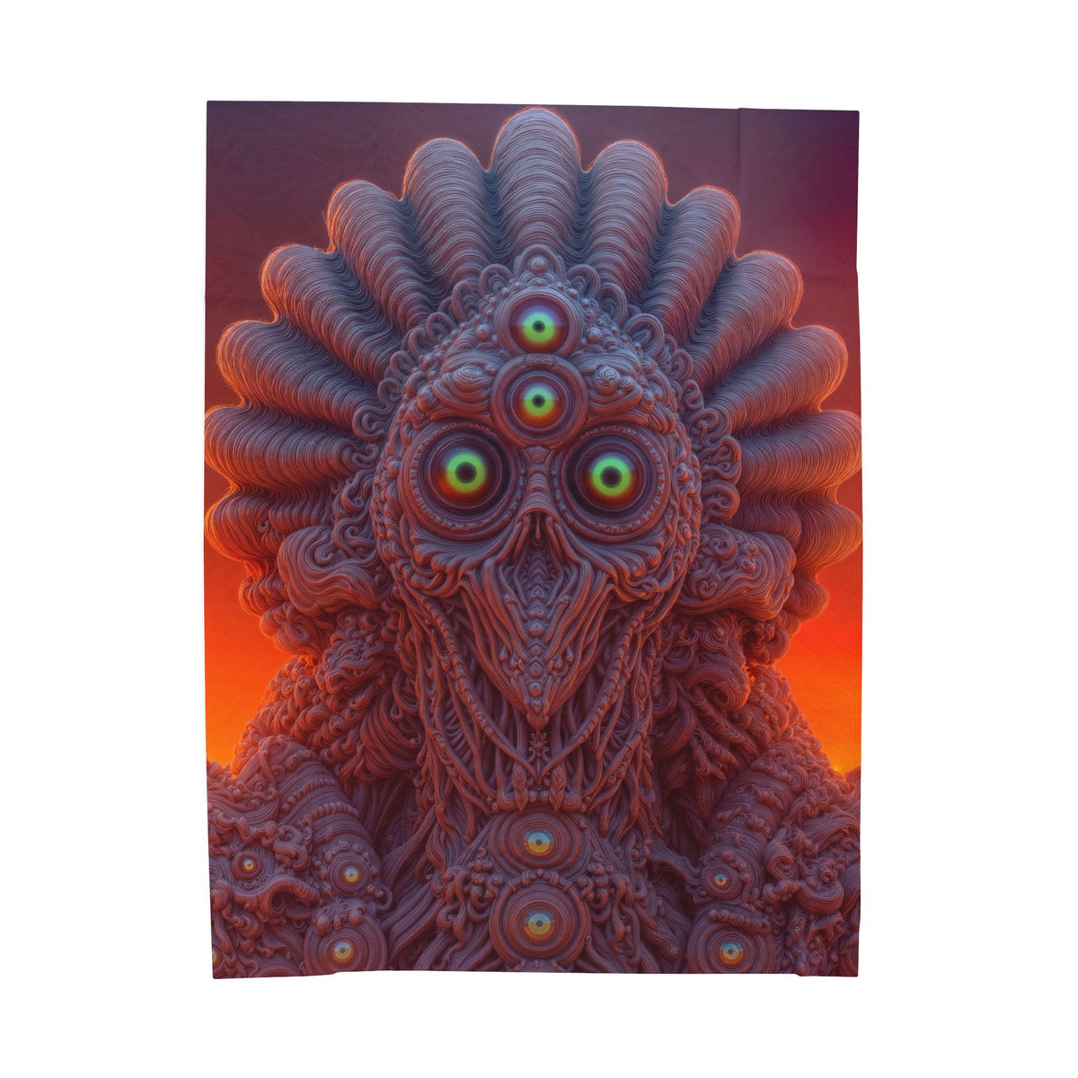 Where Every Gaze Becomes a Center — Velveteen Plush Blanket, 60 × 80 in — many-eyed figure with a rippling crown against an orange sky