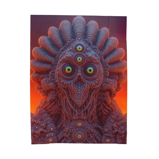 Where Every Gaze Becomes a Center — Velveteen Plush Blanket, 60 × 80 in — many-eyed figure with a rippling crown against an orange sky
