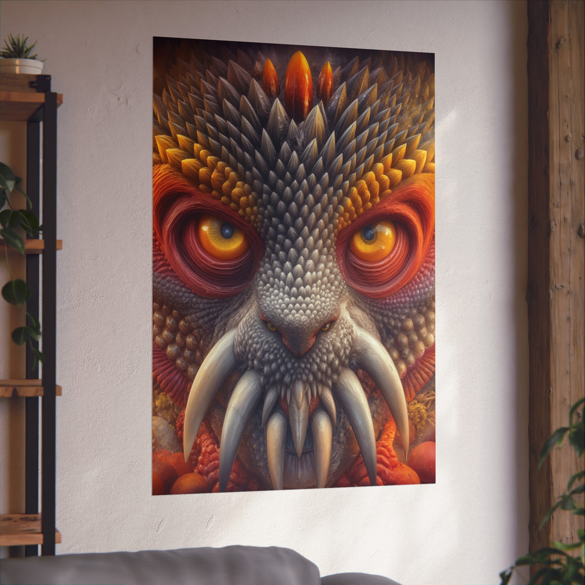 The Wisdom Beneath the Armor — Large Matte Poster, 32 × 48 in — golden-eyed creature with layered gray spines and ivory tusks
