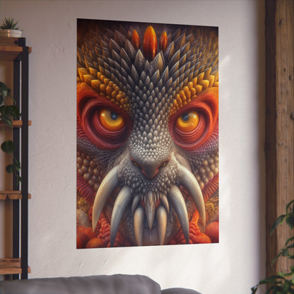 The Wisdom Beneath the Armor — Large Matte Poster, 32 × 48 in — golden-eyed creature with layered gray spines and ivory tusks