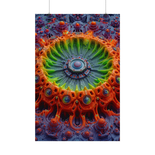 The Center Is a Choreography — Satin Art Poster, 24 × 36 in — orange and lime radial machinery with a violet core