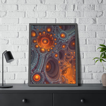 The Architecture of Inner Light — Framed Fine Art Print, 24 × 32 in — glowing amber chambers in intricate blue-gray and violet structures