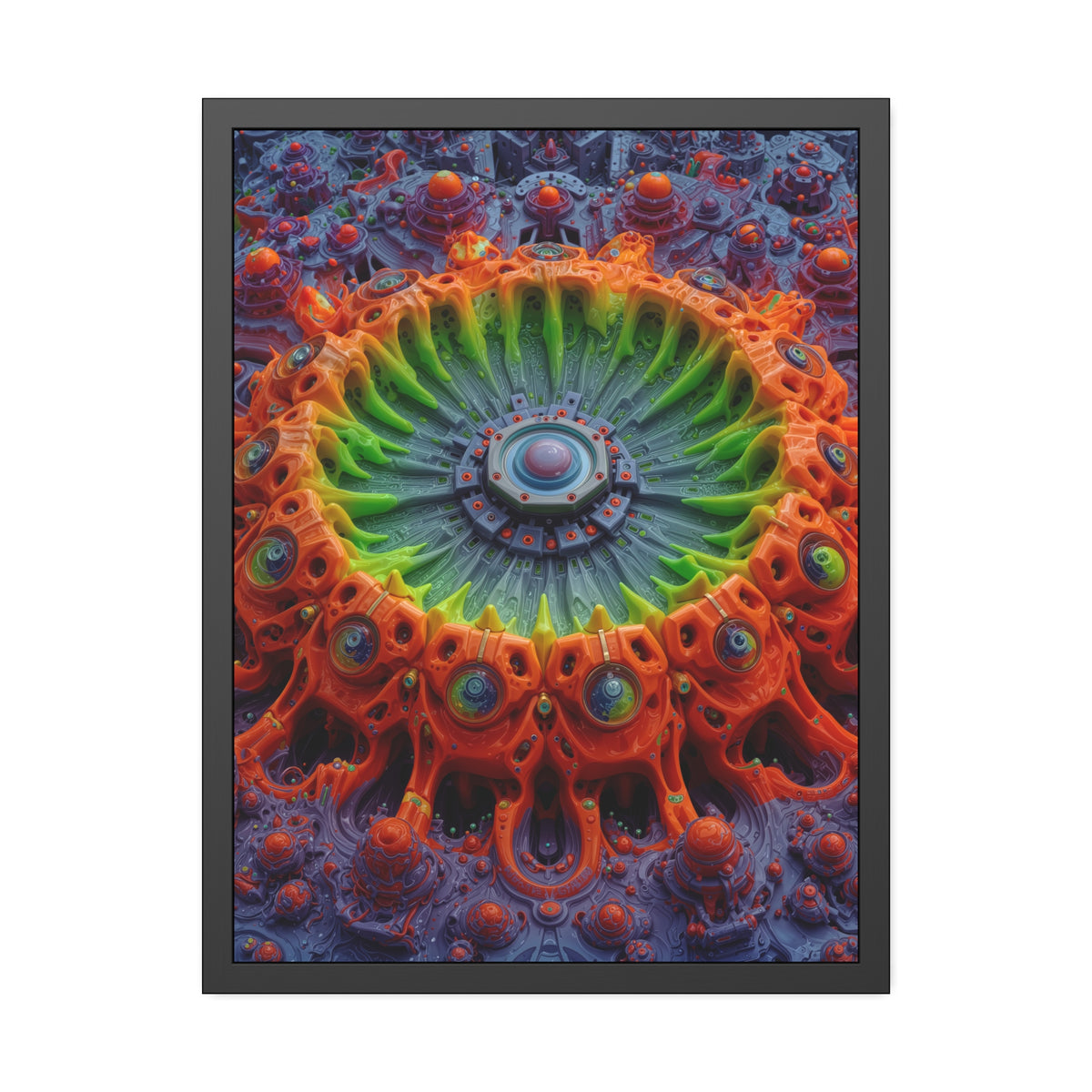 The Center Is a Choreography — Framed Fine Art Print, 24 × 32 in — orange and lime radial machinery with a violet core