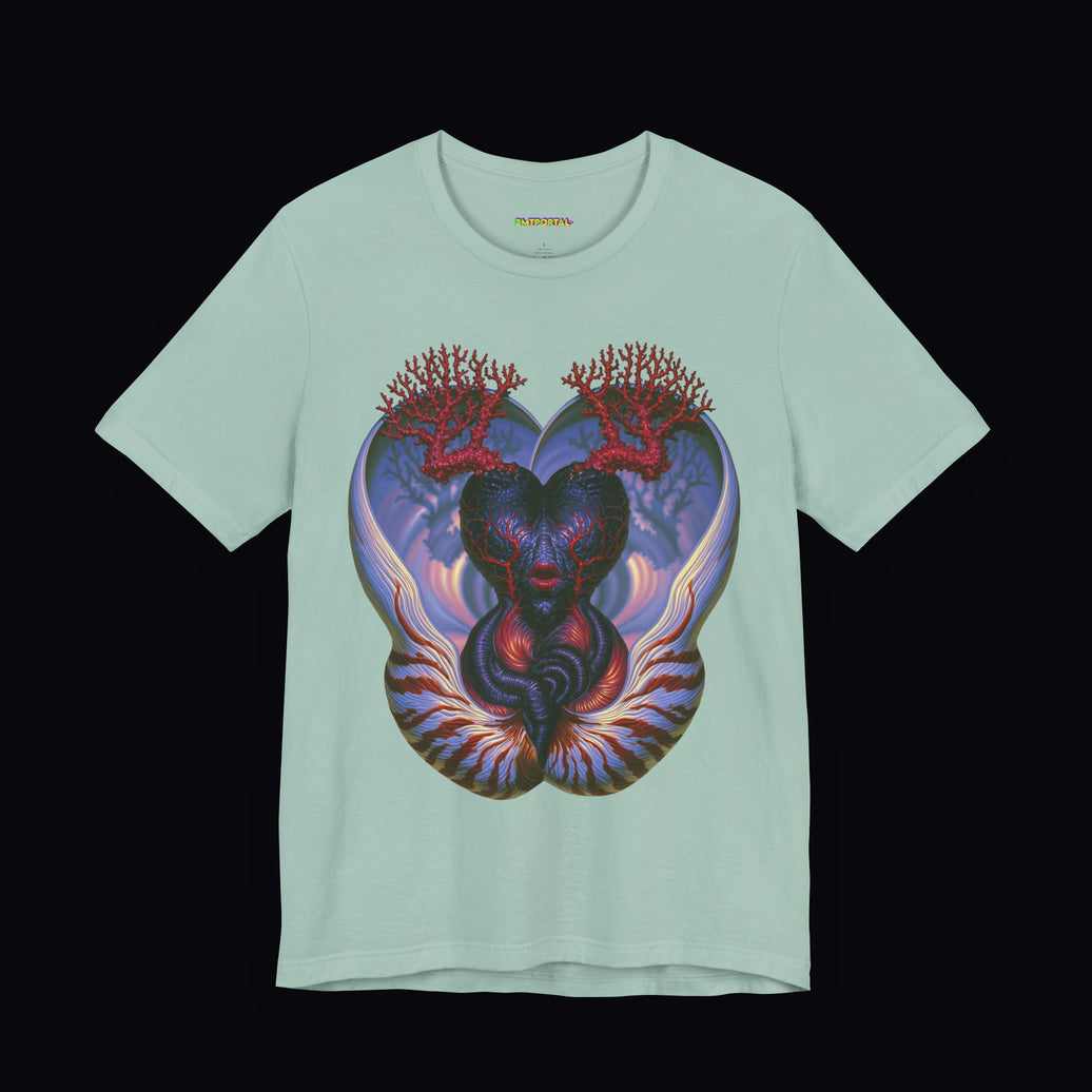 Dark face with red branching growth inside a violet shell-like form on a Dusty Blue DMTPORTAL T-shirt