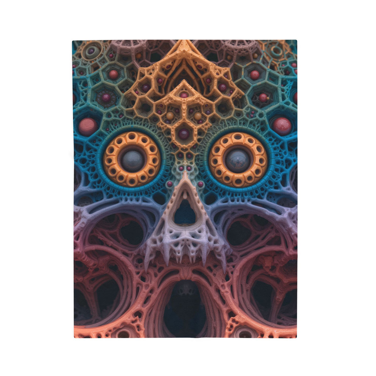 The Cathedral of Becoming — Velveteen Plush Blanket, 30 × 40 in — intricate lattice skull in teal, rose and gold